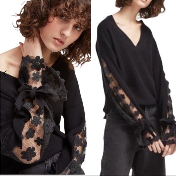 French Connection Caballo floral lace sleeve sweater black knit coquette bow M - Picture 10 of 13